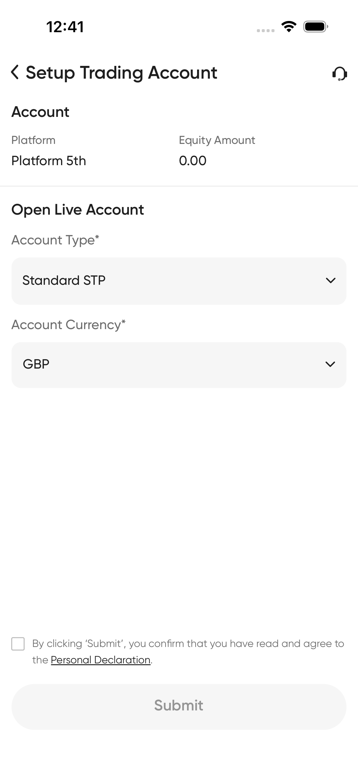 Vantage Account Type Selection
